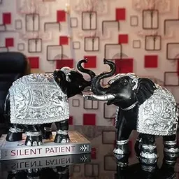 Modern Elephant Figurine Pair – Black Silver Decorative Statues for Home, Office & Living Room Decor-picture-19