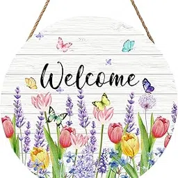 Welcome Spring Summer Tulip Flower Front Door Sign Spring Door Decorations Floral Wooden Hanging Sign Summer Door Hanger Tulip Wreath Wall Sign for Indoor Outdoor Porch Yard Garden Decor 12x12 Inch-picture-28