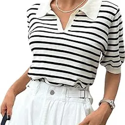 gorglitter Women's Striped V Neck Short Sleeve Collared Sweater Half Sleeve Casual Knit Top-picture-20