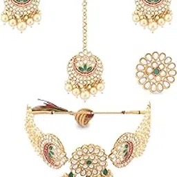 zaveri pearls Pink & Green Meenakari Ethnic Choker Necklace Earring Maangtikka & Ring Set For Women-ZPFK18784-picture-20