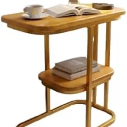 HomyHub Modern Bedside Table with 2 Shelves Organizer | Wooden Shelf Table with Iron Stand/Home Decor Table/Coffee Table/Side Table for Bedroom/End Table for Living Room (Golden & Brown)-picture-29