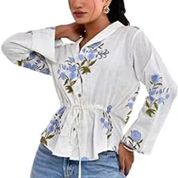 jaipuri designs Hand Block Print - White Cotton Top with Blue Floral Design and Adjustable Waist-picture-35