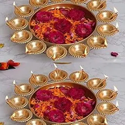 Kalakriti Metal (Set of 2, 14 inch) Diya Shape Flower Decorative Urli Bowl for Home Floating Flowers and Tea Light Candles Home Table Decor| Diwali Decoration Items, Golden-image-51