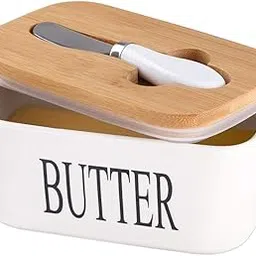 Ceramic Butter Dish with Wooden Lid, Lesige Large Butter Container Keeper Storage Plate with Steal Butter Knife, Bamboo Cover and Silicone Sealing Ring for West East Coast Butter, White (Large) image 1