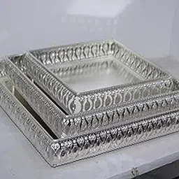 Metals Silver Plated 12 inch 9 inch 7 inch Designer Plate | Wedding Decorative Plate | Pooja Plate Tray German Silver Rectangular Tray for Pooja Silver Plated (Silver) Set of 3-picture-17