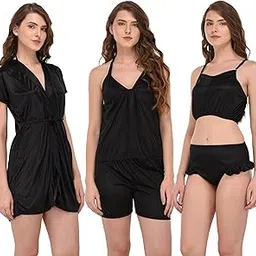 Solid Satin 5 Piece Nightwear/Nighty Set | Attractive & Stylish | (1 Robe, 1Top & Short, 1 Bra and Panty Set) for Women-image-97