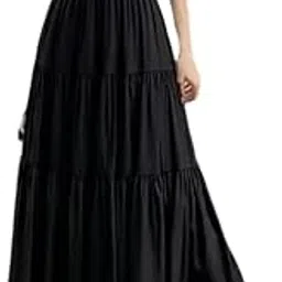 Women’s Solid Black Flared Long Skirt-image-0
