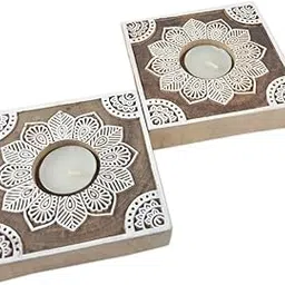 Rangoli Alpana Wooden Tea Light Candle Holder, Handmade Block T Light Candle Holder for Home Decoration Festive Diwali Decoration (2 Pieces, Sheesham Wood) AITL2-61-image-71