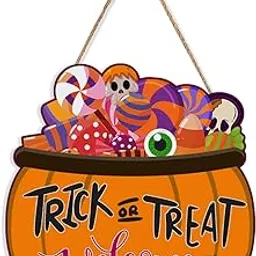 Hinnovy "Trick or Treat Welcome" Halloween Decor Sign - Front Door Welcome Sign, Hanging Wall Decor, Halloween Decorations for Home and Office, MDF Wooden Plaque, 11.6 x 11.5 Inches-picture-31