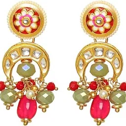sanjoya Kundan Earrings for Women | Gold & Red Dangler Earrings with Crescent Moon & Bead Accents | Ethnic Jewelry for Weddings, Festivals & Special Occasions-picture-17