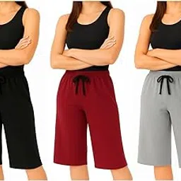 Womens Cotton Plain Loosefit Capri (Black, Grey, Marrone) Combo Pack Of 3-picture-24