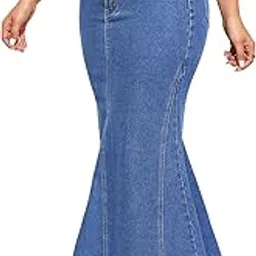 gorglitter Women's Fishtail Maxi Denim Skirt High Waist Bodycon Ruffled Elegant Long Jean Skirts image 1