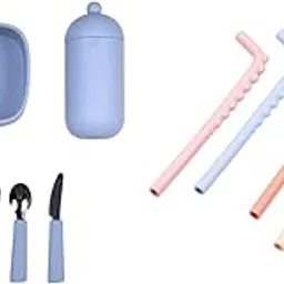 tudd On-The-Go Mealtime Set | Compact & Safe Travel Dining Kit | Blue with Sipper Straw Set | Reusable Silicone Bendy Straws for Kids with Brush | Safe & Easy Clean-picture-28