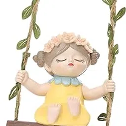 CALANDIS Figurine Landscape Tree Porch Yard Girl Sit on Swing Garden Statue Yellow | | Garden D?©cor-image-18