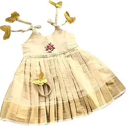 picksparrow Newborn Baby Girl Ethnic Dress/Traditional Frock with Head Band (Kerala Kasavu, Hand- Embroidered)-picture-13