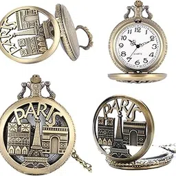 Pocket Watch Gift | Paris Tower Embossing | Numerical Dial | Metal Keychain Design | Bronze | Vintage | Antique Style Gandhi Watch for Men Woman-image-35