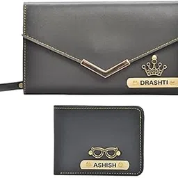 vs gifts Personalised Leather Men Wallet and Ladies Wallet with Name Engrave | Customized Couple Gift Set for Men and Women | Anniversary Gift Set for Couple (Grey)-picture-39