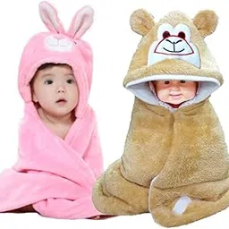 BRANDONN Newborn Combo of Furry Glacier Hooded Smily Baby Blanket and Premium Glacier Hooded Baby Wrapper(Pack of 2, Pink & Beige)-image-92