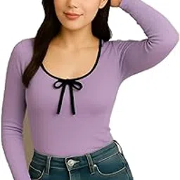 majestic garments Women's Ribbed Knit Top with Long Sleeves, Scoop Neckline & Contrast Bow Tie | Slim Fit Stretchable Top for Casual, Work & Everyday Wear-picture-40