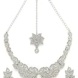 sukkhi Gracious Rhodium Plated Silver AD White Stones Collar Bone Necklace Set With Earring And Maangtika | Jewellery Set For Women (NS105573)-picture-21