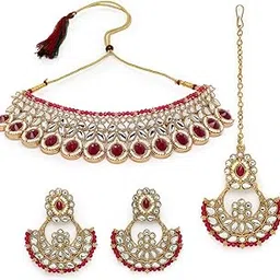 sukkhi Sophisticated Bridal Looked Rani Pink Stone Studded Choker Necklace With Chandbali Earring Mangtikka Set For Women-picture-14