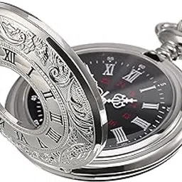 tazweeq Vintage Steel Pocket Watch for Men with Detachable Chain (Silver), Easy Open Design, Quartz Movement, Adjustable Time Setting, Compact Size, Ideal Gift for Weddings, Cosplay, Silver, Vintage-picture-22