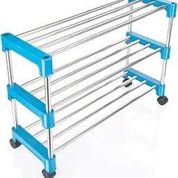 Premium Shoes Stand For Home-Stainless Steel 3-Tier Shoe Rack For Home Metal,Durable,Foldable Steel Rack,Stackable 12 Pair Storage Organizer Shoe Stand For Closet,Entryway&Doorway,Blue&Silver-image-18