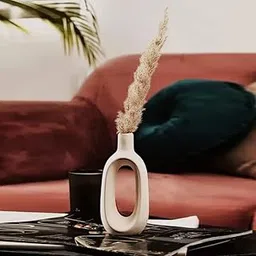 Nestloom Decor Handcrafted Ceramic Vase Oval Shape | Beige Ceramic Flower Vase Matte Finish 8 Inch Long Oval Shape Bottle Vase Centerpiece for Living Room, Dining Table Decoration-image-1