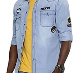 the indian garage co Men's Cotton Slim Fit Solid Full Sleeves Cutaway Collar Double Flap Pocket Casual Denim Shirt-picture-17