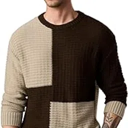 the souled store Oversized Sweater: Deep Mocha Men and Boys Full Sleeves Round Neck Brown and Beige Color-Block Textured Acrylic Casual Winter Oversized Fit Sweater Pullover-picture-11