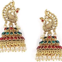 rubans 22 kT Gold-Plated Peacock Shaped Kundan Studded Jhumkas For Women & Girls-picture-16