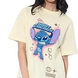 the souled store Lilo & Stitch: Brat Energy Women and Girls Short Sleeves Round Neck Off White Graphic Printed Cotton Oversized T-Shirts-picture-10