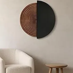 Modern Circular Wall Art, Half Wood Half Black Design, 3D Concentric Pattern, Contemporary Home Decor-picture-33