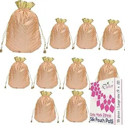 dulhan 10 Pc Large size potli bags for ladies for wedding gifts | Traditional pouches for diwali return gift for guest, women, kitty party favors, baby shower | Silk drawstring bags for gifting-picture-56
