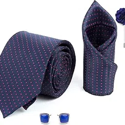 rizoro Mens Plaid Dotted Silk Necktie Gift Set With Pocket Square Cufflinks & Brooch Pin Formal Tie With Leatherite Box (Blue-Red D1BRRX Free Size)-picture-48