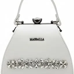 maglin White Top-Handle Handbag, Crystal Floral Embellished Evening Clutch, Premium Party Purse image 1