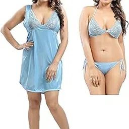 life-tale LIFE - TALE Women's Satin 3 Pc Short Nighty with Lingerie Set-picture-56