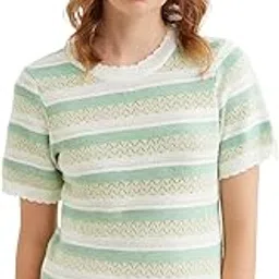 icw Women's Knitted Ribbed Short-Sleeve Crew Neck Colour Block Pattern Multicolour Striped Top T-Shirt DN83-picture-51