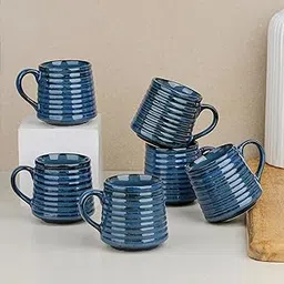 The Earth Store Blue Spiral Ceramic Tea Cup Set of 6, 220 ML Each, Microwave and Dishwasher Safe Coffee Cups | Tea/chai Cups for Gifting, Home & Office Use, Every Occasion (Color May Vary) image 1