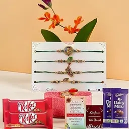 eCraftIndia Mens Set Of 4 Radha Krishna Playing Flute, Peacock, Krishna Flute, Feather Designer Rakhis For Brothers With Chocolate, 2 Cadbury Dairy Milk, 2 Kitkat, Rakhi With Chocolate Gift-image-9
