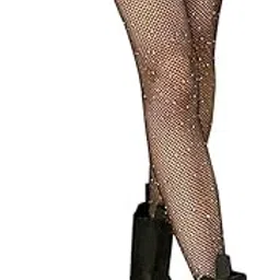 FabNext-Fishnet Stockings Rhinestone High Waist Sparkly Tights for Women and Girls Black 1Pair-image-0