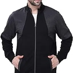 Men Full Sleeves Zipper Fleece Colour Block Jacket-image-46
