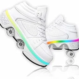 Deformation Roller Skates Roller Skate Shoes For Women Four Rounds Children's Skates That Turn Into Rollerskates Sneakers Outdoor Light With Wheels Girls/Boys (White Light, Us 6.5 Speed Wheel)-image-32