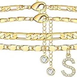 ursteel Ankle Bracelets for Women, 14K Gold Plated Dainty Layered Figaro Chain CZ Initial Anklets Set Summer Jewelry Gifts for Women Teen Girls-picture-22