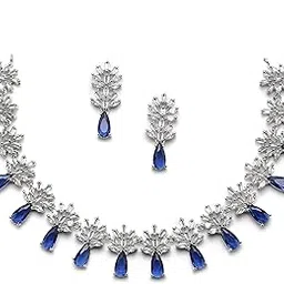 zeneme Rhodium-Plated Silver Toned Teardrop Shaped American Diamond Studded Necklace Earrings Jewellery Set for Girls and Women-picture-39