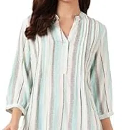 9 impression Women White & Pink Striped Mandarin Collar Pleated Longline Top-picture-16