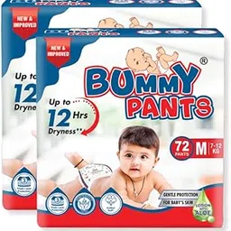 BUMMY PANTS Baby Diapers - Ultra Dry & Comfortable with 5D Cross Core Technology, 360° Soft Elastic Waistband & Up to 12-Hour Absorption | M | Pack of 2 | 144 Pieces image 1