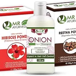 MR Ayurveda Onion Shampoo, Hibiscus Flower Powder and Reetha Powder - Set of 3 (320 Grams)-picture-12