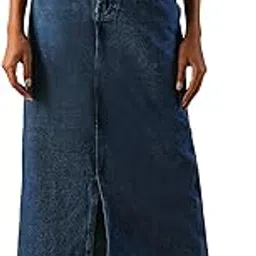 globus Women Mid-Rise Front Slit Fringed Hem Midi Straight Denim Skirt-picture-30
