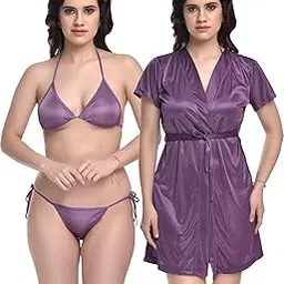 you forever Women Satin Nightwear Robe With Lingerie Set (Black)-picture-34